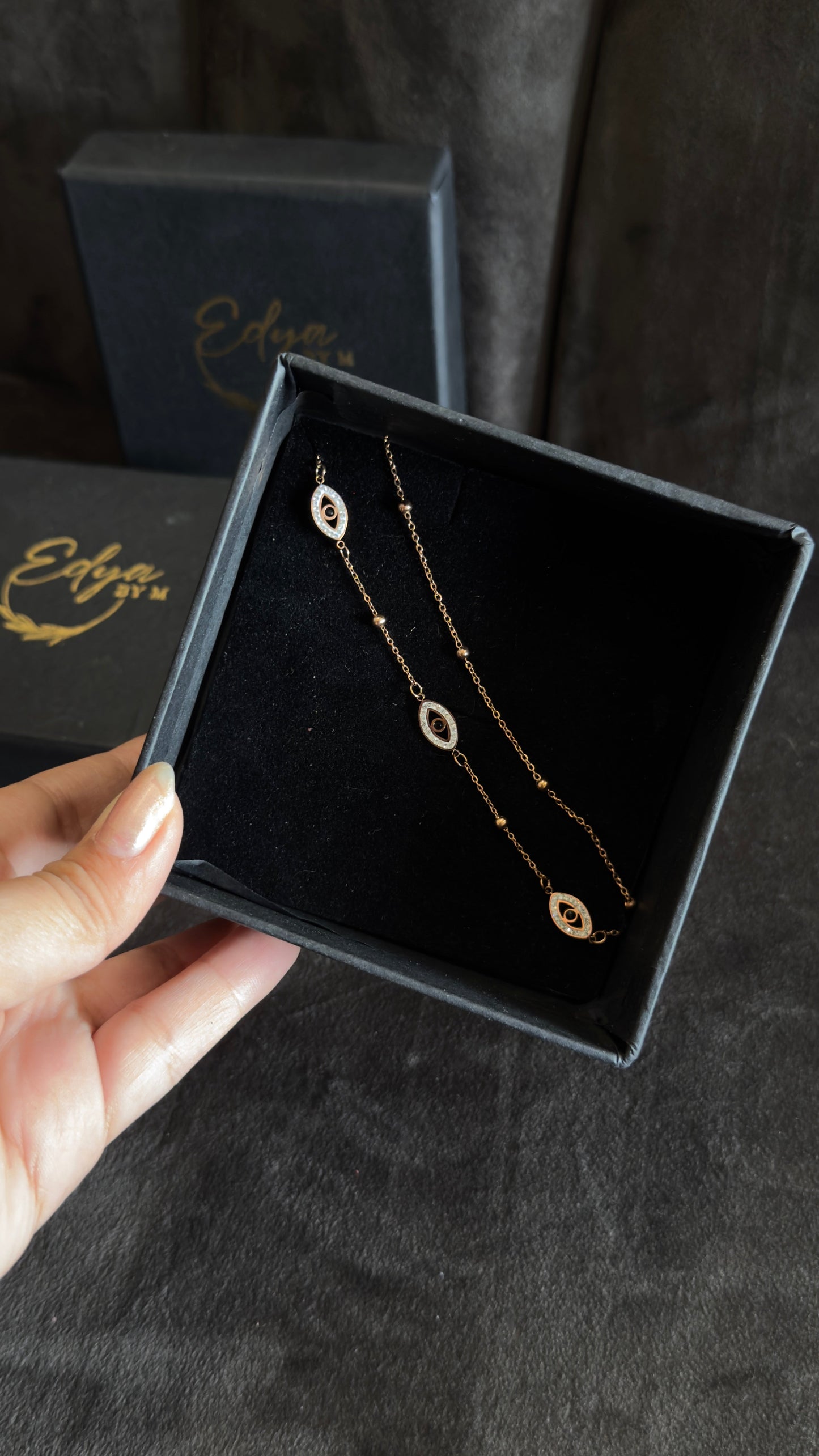 anti tarnish bracelet with 3 evil eye design