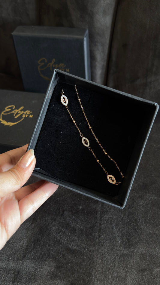 anti tarnish bracelet with 3 evil eye design